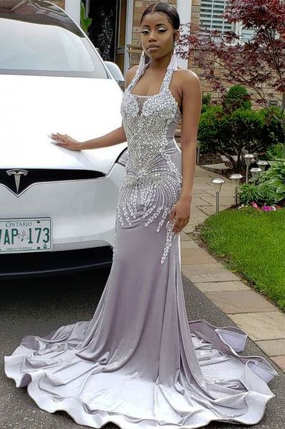 Halter Sparkle Crystal Silver Prom Dresses Fit and Flare Alluring Backless Evening Gowns Y157 Main Image