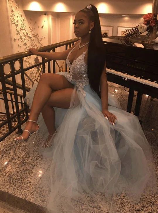 Pretty V neck Lace Prom Dress, Sexy Split Slit Evening Dress Y170 Main Image