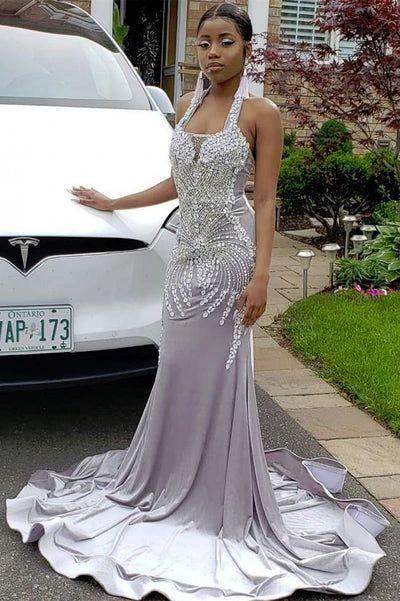 Halter Sparkle Crystal Silver Prom Dresses Fit and Flare Alluring Backless Evening Gowns Y157 by simplepromdress