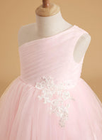Enchanted Blush A-Line Princess Flower Girl Dress | One-Shoulder Tulle Gown w… - photo 4