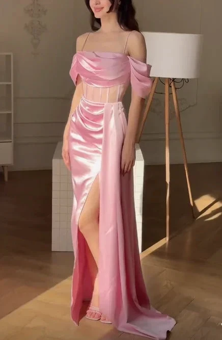 Elegant Pink Off The Shoulder Mermaid Prom Dress Slit Evening Dress Y7625 by simplepromdress