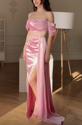 Elegantes Rosa Off The Shoulder Meerjungfrau Ballkleid Schlitz Abendkleid Y7625