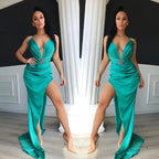 Sexy Long Mermaid V-Neck Satin Evening Prom Dress With Split by BIZTUNNEL