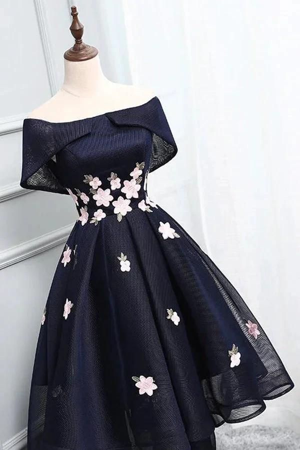 Unique A-Line High Low Off The Shoulder Lace Up Navy Blue Elegant Prom Dresses With Appliques by Ombreprom
