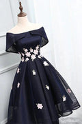Unique A-Line High Low Off The Shoulder Lace Up Navy Blue Elegant Prom Dresses With Appliques by Ombreprom