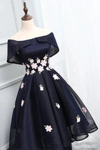 Unique A-Line High Low Off The Shoulder Lace Up Navy Blue Elegant Prom Dresses With Appliques by Ombreprom