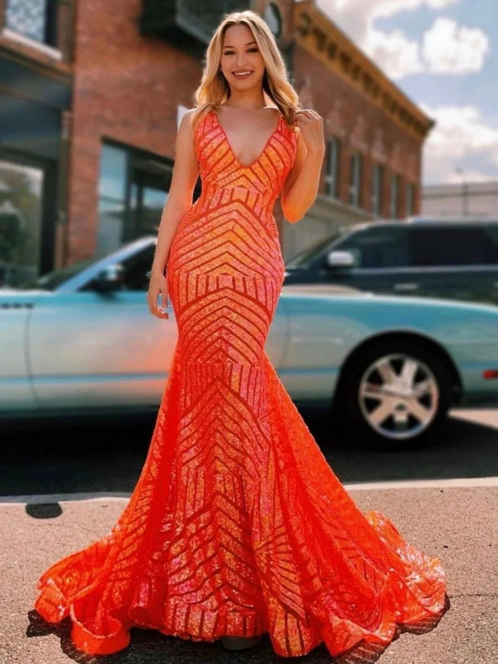 Nina |Deep V Neck Pink Sequins Mermaid Long Prom Dress by KissProm