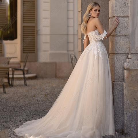 Light Champagne Pastrol Wedding Dresses Off Shoulder Sweetheart Bride Gowns Side Split A-Line Tulle Vestido De Novia