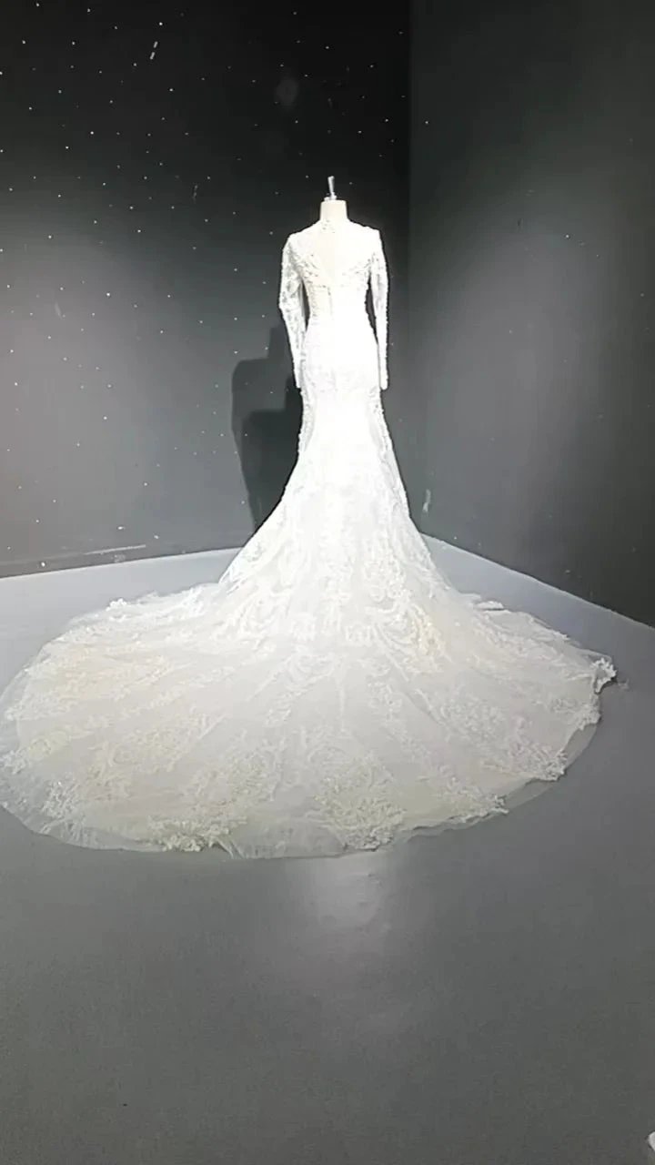 V-neck long sleeved luxurious nail bead trailing bridal veil by ZAPDRESS