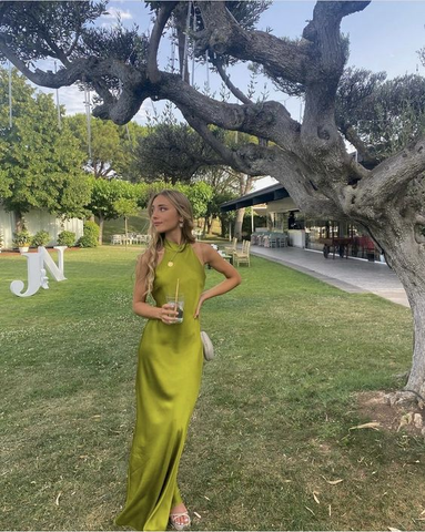 Vestido de fiesta largo con cuello halter verde Y7518