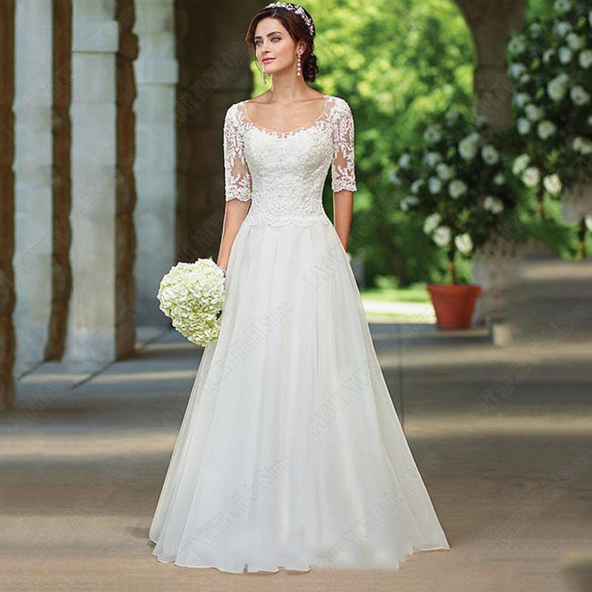 Lace Half Sleeves Wedding Dress For Bridal Illusion Appliques Buttons Back robe de mariée grande taille Custom Made Hover Image