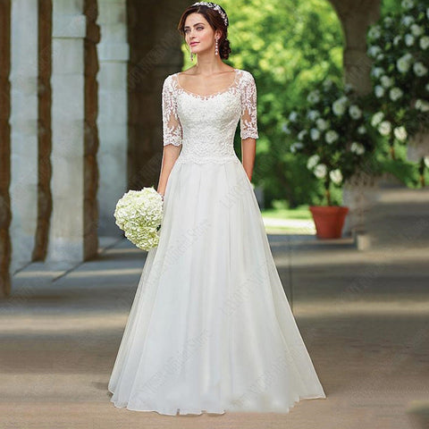 Lace Half Sleeves Wedding Dress For Bridal Illusion Appliques Buttons Back robe de mariée grande taille Custom Made
