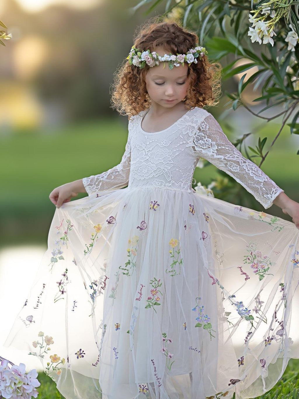 Floral Lace Embroidered Tulle A-Line Full-Length Garden Flower Girl Dress - photo 3