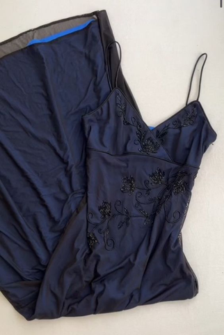 Hermoso vestido de fiesta azul marino con tirantes y escote en V, de gasa y cuentas, vestido de noche Y7563