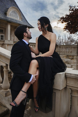 Vestido de noche sexy de tul negro con un solo hombro, vestido de fiesta Y7652