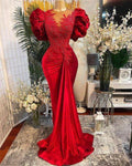 Luxury Red Mermaid Prom Dresses Lace Beaded Sheer Neck Evening Dress Formal Party Wear Y02 by simplepromdress