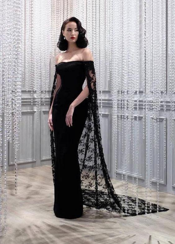 Black Mermaid Prom Dress With Cape Elegant Evening Dress Y14 by simplepromdress