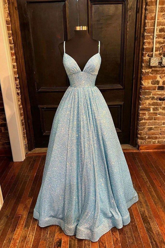 Chic V Neck Sequin Long Prom Dress, A Line Formal Evening Dresses Y04 by simplepromdress