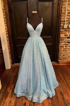 Chic V Neck Sequin Long Prom Dress, A Line Formal Evening Dresses Y04 by simplepromdress