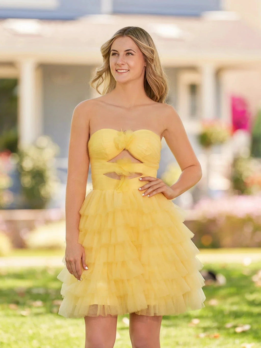 Strapless Tiered Ruffle Tulle Short Homecoming Dress With Flowers by Kissprom