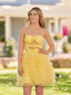 Strapless Tiered Ruffle Tulle Short Homecoming Dress With Flowers by Kissprom