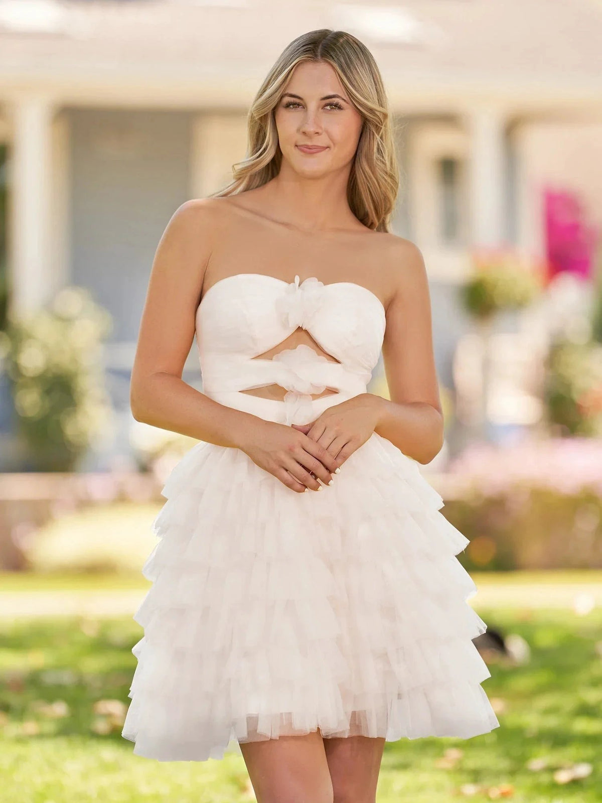 Strapless Tiered Ruffle Tulle Short Homecoming Dress With Flowers by Kissprom