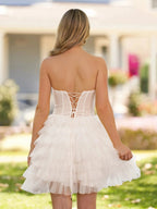 Strapless Tiered Ruffle Tulle Short Homecoming Dress With Flowers by Kissprom