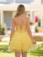 Strapless Tiered Ruffle Tulle Short Homecoming Dress With Flowers by Kissprom