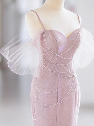 Elegante vestido de noche de sirena rosa con tirantes finos y cuentas Y7615