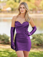 Satin Strapless Homecoming Dress with Lace and Gloves by Kissprom