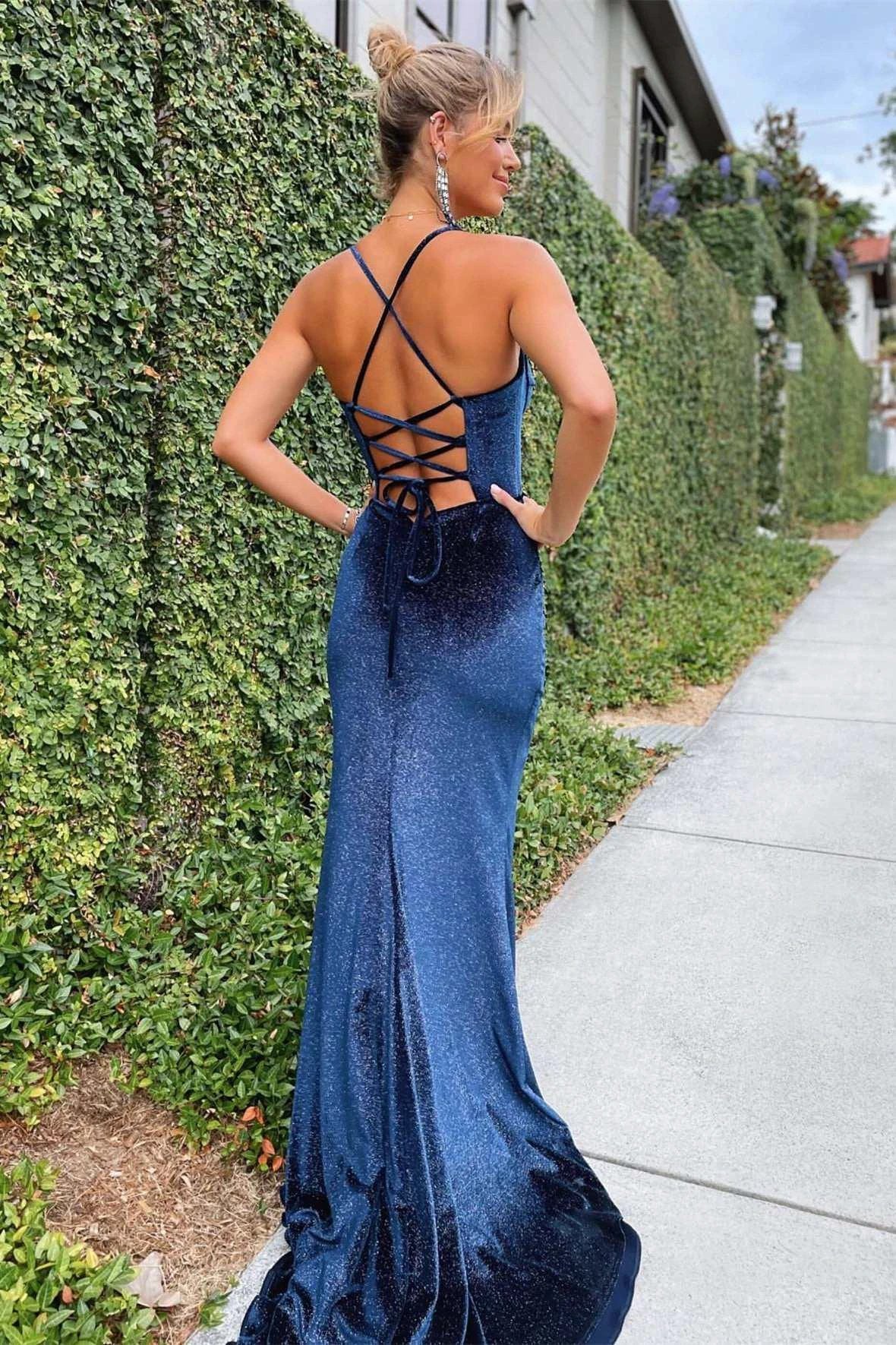 Felix | Navy Blue Mermaid Velvet Corset Lace-Up Long Formal Dress with Slit by KissProm