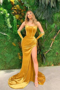 Long Strapless Velvet Mermaid Prom Dress with Split by BIZTUNNEL