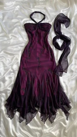 Vestido de fiesta vintage de sirena de gasa con cuentas moradas y cuello halter, vestido de noche largo Y7503