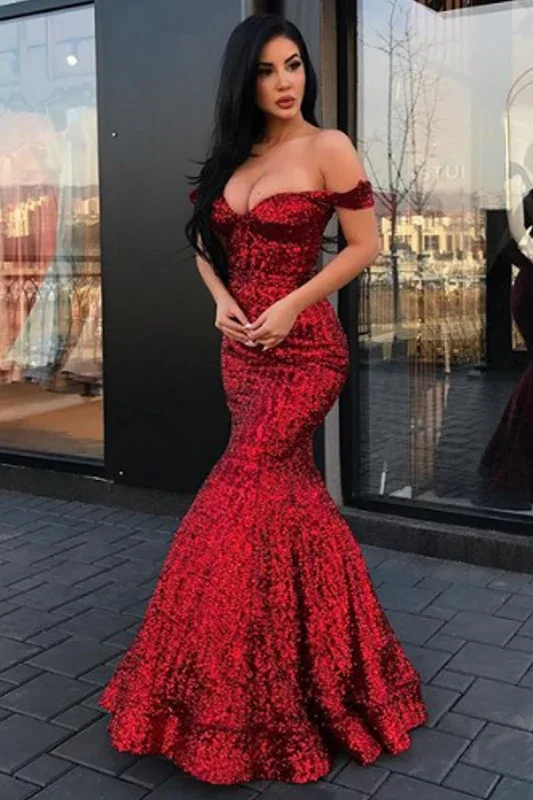 Abito lungo color bordeaux a sirena con paillettes e scollo a barca per ballo formale