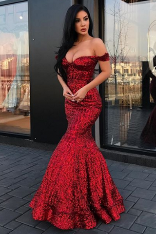 Burgunderrotes, langes, schulterfreies Meerjungfrau-Abschlussballkleid mit Pailletten