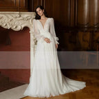 Elegant Glitter Tulle Deep V-Neck Wedding Dresses Princess Shiny Lantern Sleeves Backless A-Line Pleated Bridal Gowns by payinti