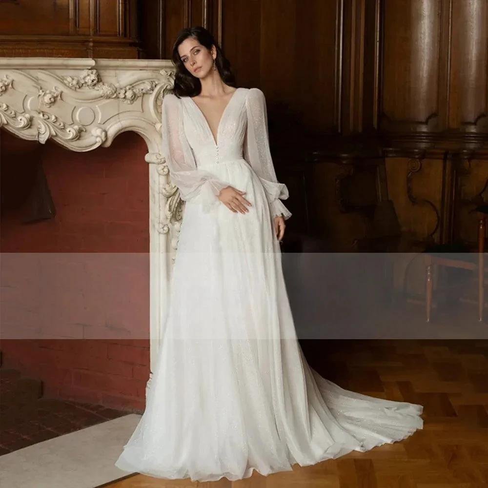 Elegant Glitter Tulle Deep V-Neck Wedding Dresses Princess Shiny Lantern Sleeves Backless A-Line Pleated Bridal Gowns by payinti