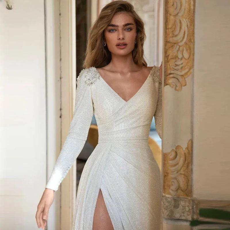 Sparkly Wedding Dresses Sheath V-Neck Long Sleeves Beaded Backless Bridal Gown Side Split Vestido De Noiva Court Train by payinti