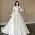 Organza A Line Appliques Lace Wedding Dress Puff Long Sleeves High Neck Bridal Gowns Robe De Mariage Custom TG001 by payinti