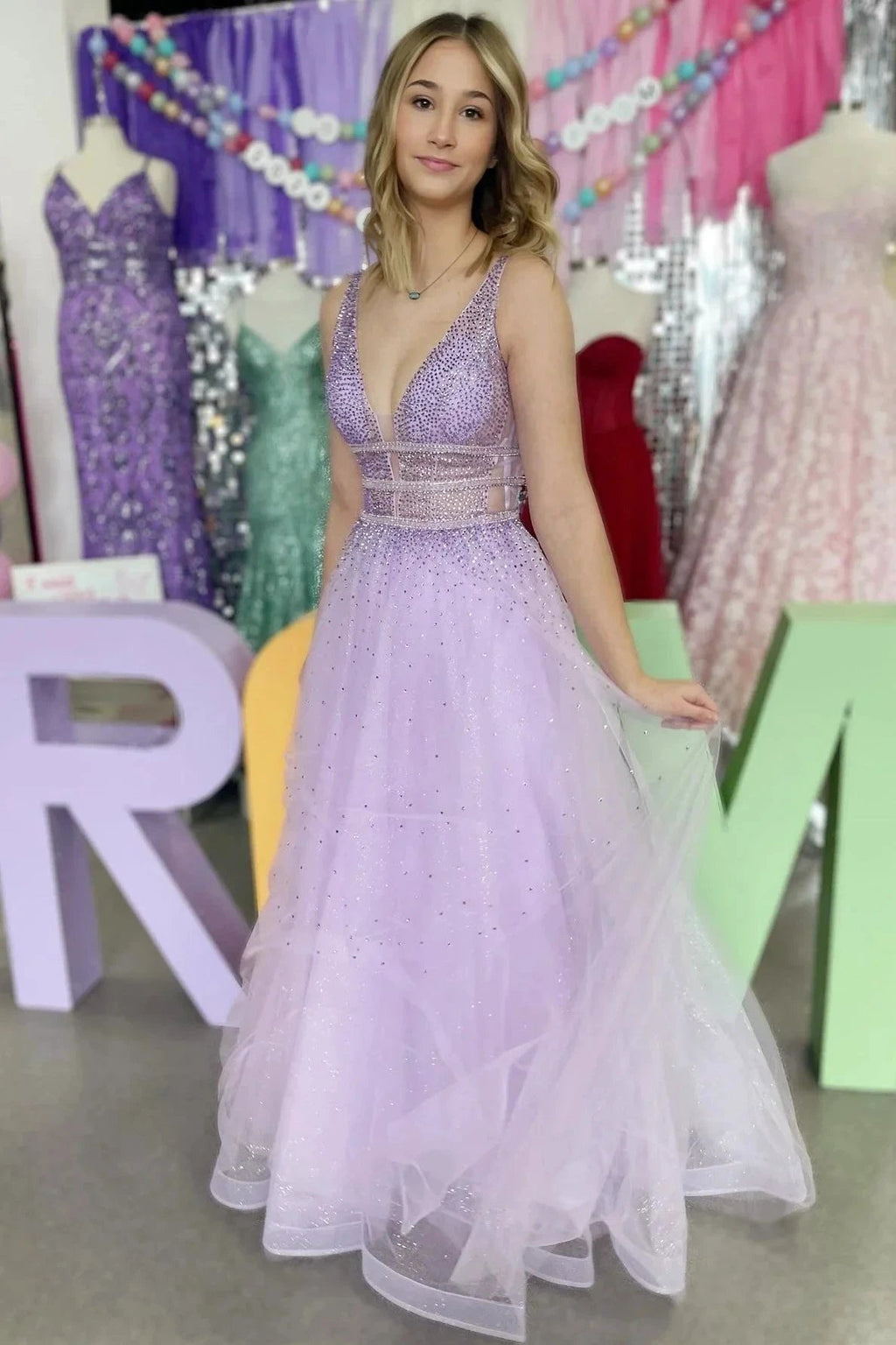 Filbei | Lavender Tulle Hot Stone Backless A-Line Prom Dress by KissProm