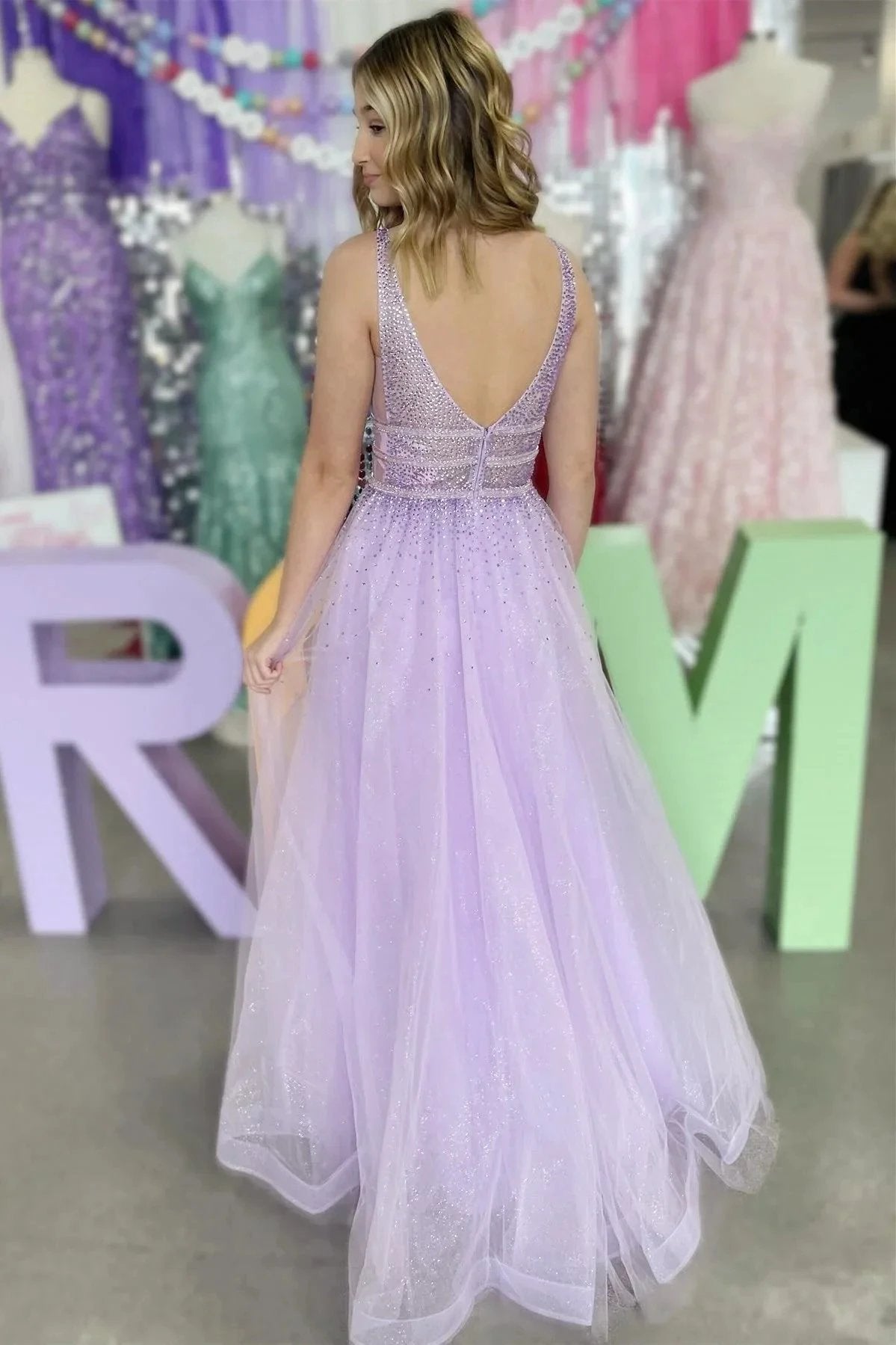 Filbei | Lavender Tulle Hot Stone Backless A-Line Prom Dress by KissProm