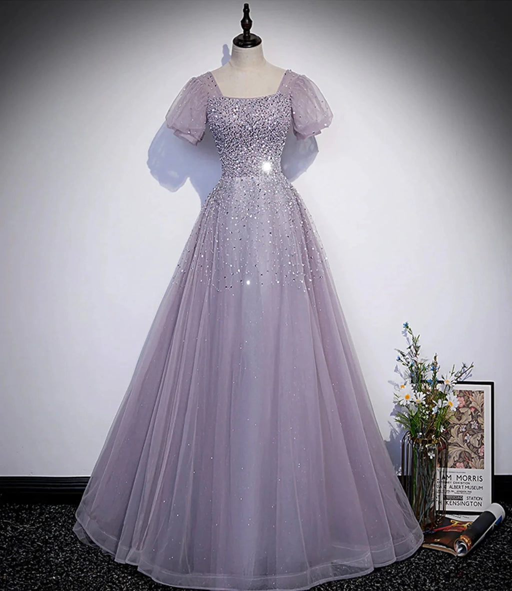 Purple tulle beads long prom dress A line evening gown s59 by simplepromdress