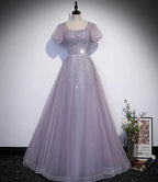 Purple tulle beads long prom dress A line evening gown s59 by simplepromdress