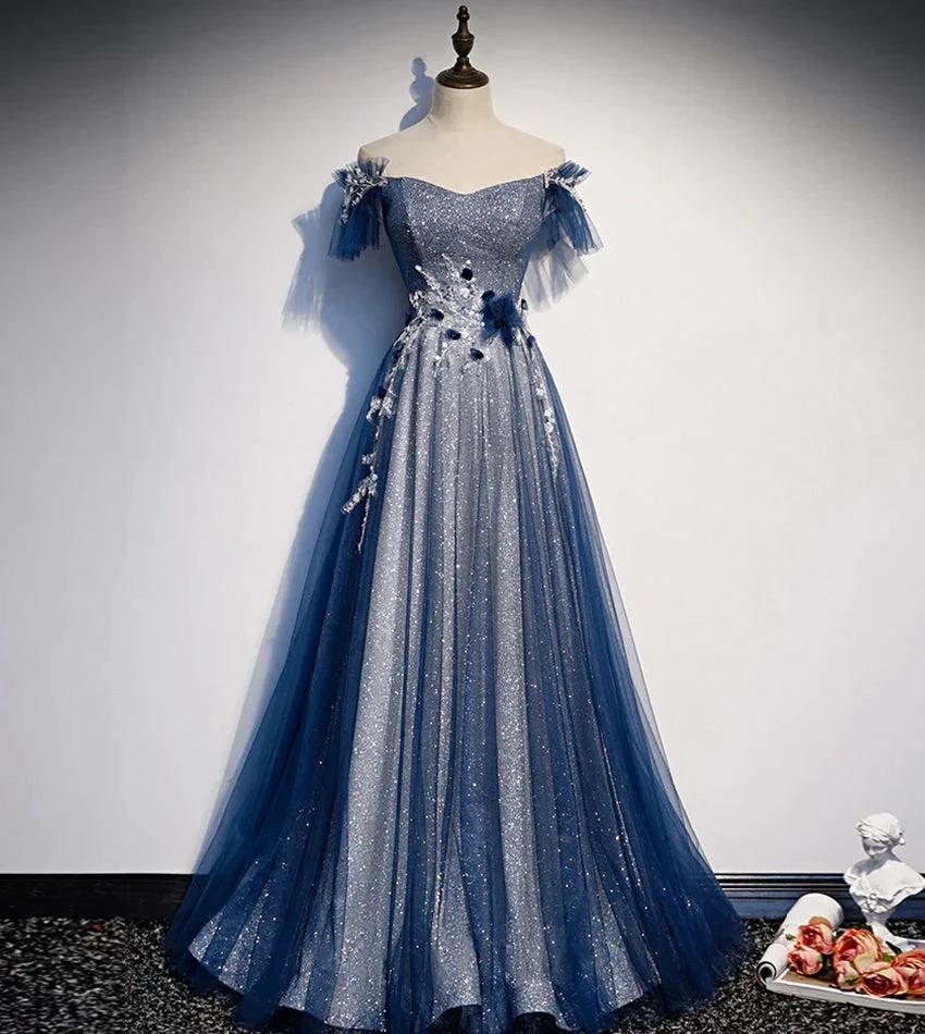 Shiny tulle sequins long prom dress blue evening dress s102 by simplepromdress