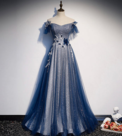Glänzendes Tüll Pailletten langes Ballkleid blaues Abendkleid S102