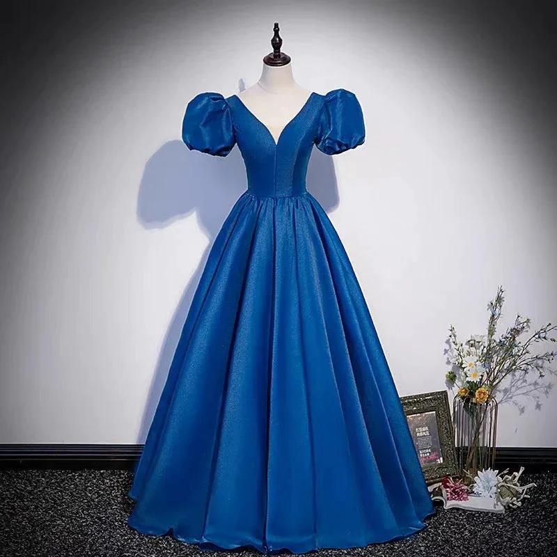 Blue saitn long prom dress A line evening gown s64 by simplepromdress