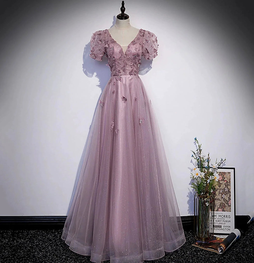 Pink tulle sequins long prom dress pink evening dress s61 by simplepromdress