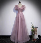 Pink tulle sequins long prom dress pink evening dress s61 by simplepromdress