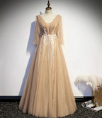 Champagne v neck lace long prom dress A line evening dress s77 by simplepromdress