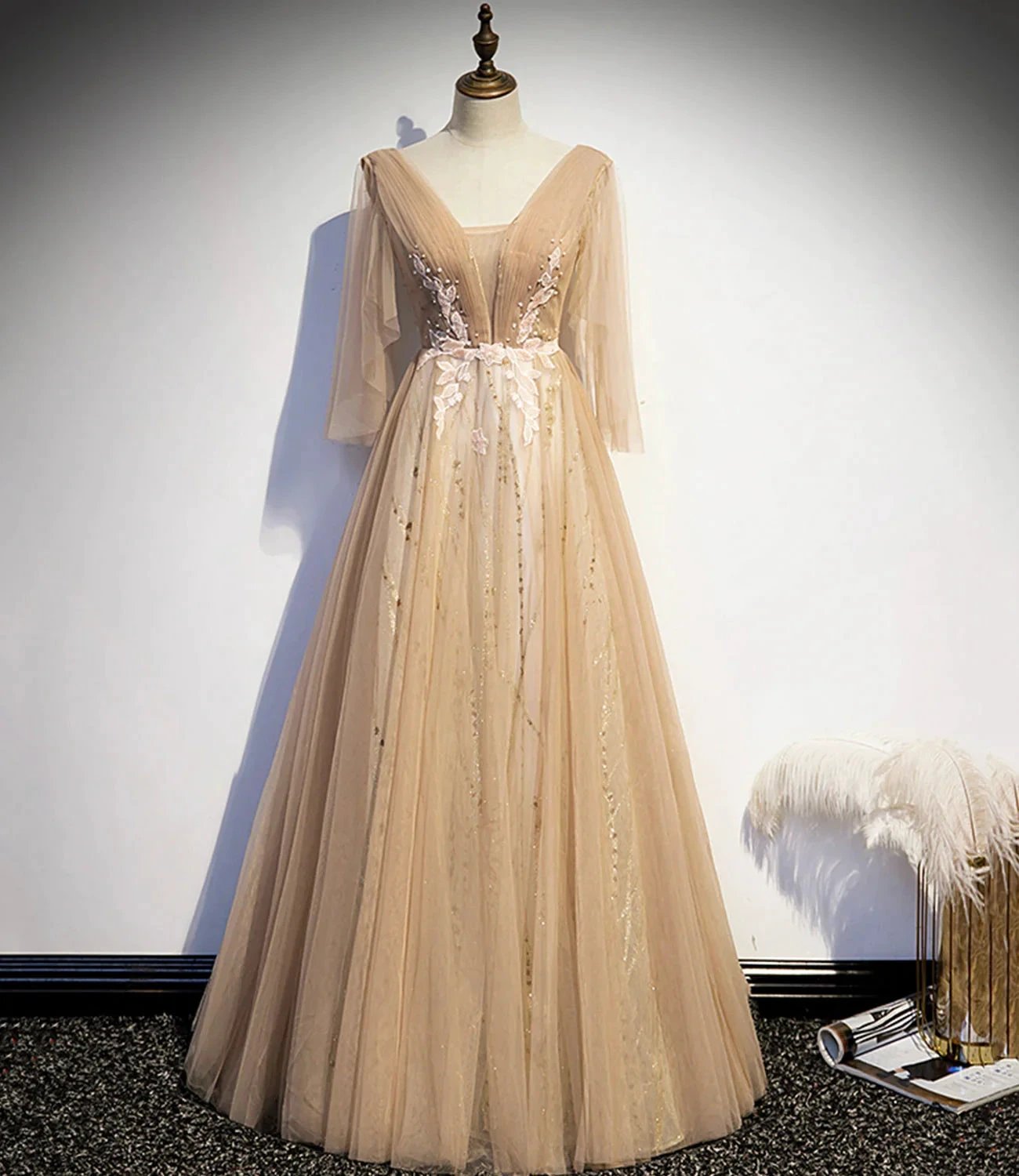 Champagne v neck lace long prom dress A line evening dress s77 by simplepromdress
